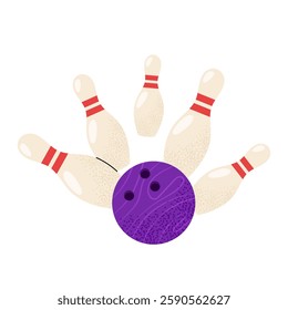 Purple bowling ball knocks down the pins. Skittles and balls on a white background. Bowling. For designs team sports and outdoor activity themes.