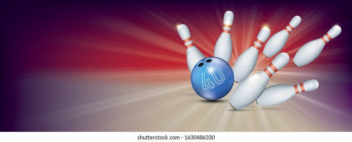 Purple bowling banner with blue ball, the number 40zh and white pins. Eps 10 vector file.