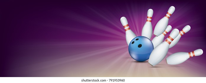 Purple Bowling Banner With Blue Ball And White Pins. Eps 10 Vector File.