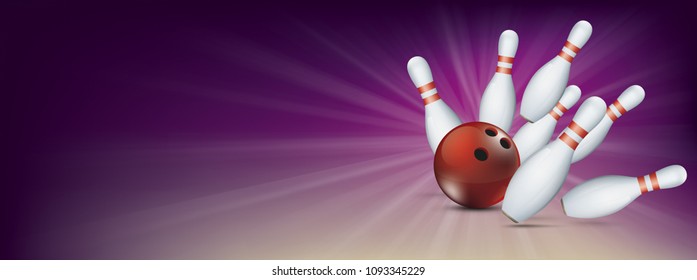 Purple bowling banner with red ball and white pins. Eps 10 vector file.