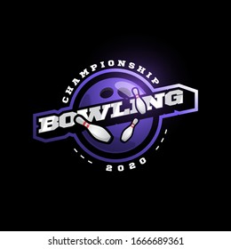 Purple Bowling vector logo. Modern professional Typography sport retro style vector emblem and template logotype design. Bowling purple logo.