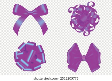 Purple bows ribbon on transparent background. Bow isolated realistic decorations of satin material and fabric, Purple bow ribbon decor element package Shiny colour satin decoration for gift present.