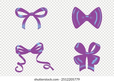 Purple bows ribbon on transparent background. Bow isolated realistic decorations of satin material and fabric, Purple bow ribbon decor element package Shiny colour satin decoration for gift present.