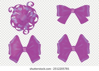 Purple bows ribbon on transparent background. Bow isolated realistic decorations of satin material and fabric, Purple bow ribbon decor element package Shiny colour satin decoration for gift present.