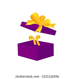 Purple box  bow  Wireless headphones in box  A gift  surprise for holiday  birthday  new year  Vector drawing white background 