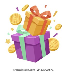 A purple box with a gold bow on top of it. There are many gold coins scattered around the box. Vector illustration