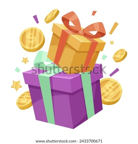 A purple box with a gold bow on top of it. There are many gold coins scattered around the box. Vector illustration