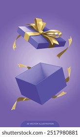 Purple box with golden bow and ribbons, open, floating. Perfect for gift-themed designs, celebrations, holidays, surprises, presents, and elegance.