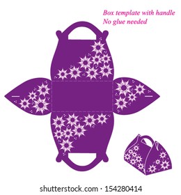 Purple box template with handle, no glue needed. Vector illustration with flowers.