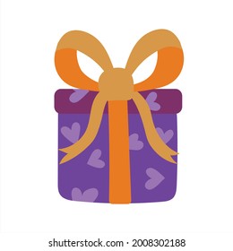 Purple box with yellow ribbon and bow. Give gifts and receive a surprise. Vector flat design illustration. Delivery of gifts for the holiday. Isolated on background.