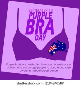 A purple bra icon with a map of the country of Australia and bold text with sentences on light purple background to commemorate Purple Bra Day on September 18 in Australia