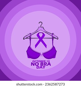 A purple bra that is not worn and is hanging on a clothes hanger, with a purple ribbon and bold text on light purple background to commemorate National No Bra Day on October 13 svg