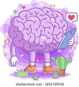 Purple brain illustration holds the phone of illustration