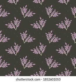 Purple branches with leaves on dark background, vector seamless pattern