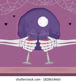 Purple Brick Wall Paper Cut Background with Full Moon, Spider Web and Skeleton Hands Holding Wineglass for Halloween Celebration.