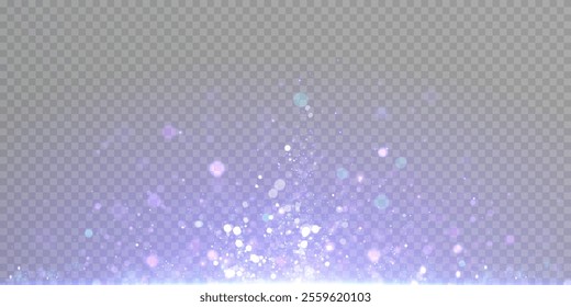 Purple bright dust of light bokeh and glitter. Festive glowing bokeh and sparkles overlay texture for your design on transparent background. Purple particles abstract vector background.	