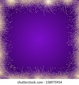Purple Bright Fireworks Frame. Vector Illustration Design. Sparkles and Flares Decoration