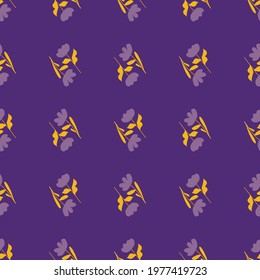 Purple bright floral seamless pattern with ditsy flowers elements. Bloom nature botany ornament. Graphic design for wrapping paper and fabric textures. Vector Illustration.