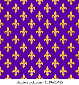 Purple bright seamless pattern. Fleur-de-list symbol of Mardi Gras or Fat Tuesday. 