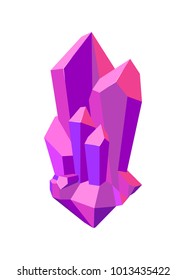 Purple bright shiny uncut sharp crystals with uneven sides in one big cluster isolated cartoon cartoon flat vector illustration on white background.