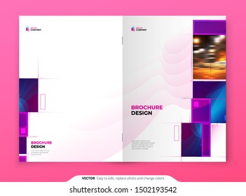 Purple Brochure Cover Template Layout. Corporate business Cover Design Mockup. Creative modern bright cover concept with purple square shapes