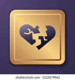 Purple Broken heart or divorce icon isolated on purple background. Love symbol. Valentines day. Gold square button. Vector