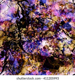 Purple & brown abstract pattern of swirling in a spiral, randomly mixed wavy lines, crystals and triangular elements. Seamless vector background. Watercolor effect. Easily editable template