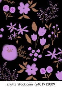 Purple, brown leaves and flowers patterns on black background for branding package, fabric print, wallpaper, social media post, doodle, notes, book covers, wall decor.