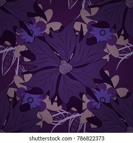 Purple, brown and violet colors vector seamless pattern with many flowers.