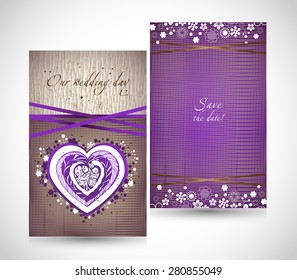 Purple and brown wedding invitation card in a rustic style with flowers and heart