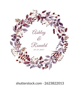 purple brown wildflower and foliage watercolor wreath
