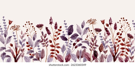 purple brown wildflower and leaves watercolor seamless border