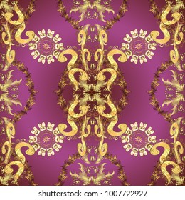 Purple, brown and yellow colors with golden elements. Vector illustration. Vector golden pattern. Seamless golden textured curls. Oriental style arabesques.