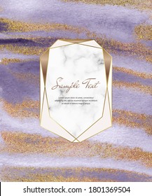 Purple brush stroke watercolor and gold sparkle glitter texture and marble geometric frame.