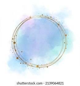 ฺBlue and purple brush stroke watercolor with gold glitter and golden circle frames.