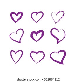 purple brushstroke hearts set. hand draw. design element for valentine day