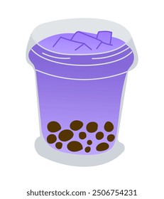 Purple Bubble tea with tapioca pearls in small glass with ice cubes. Summer vacation vector illustration isolated on white background. Good for decoration, stickers and logo