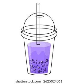 Purple bubble tea with tapioca pearls in a plastic cup with a lid and a straw. Summer vacation vector illustration isolated on white background. Good for decoration, stickers and logo.