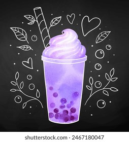 Purple Bubble Tea with whipped cream hand drawn vector illustration line art doodles on chalkboard background