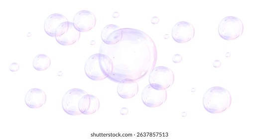 Purple bubbles on white background. Bead balls. Glass or plastic spheres. Blueberry bubble gums. Elements of soap foam, bath suds, sweet fizzy water. Vector realistic illustration.