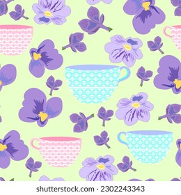 purple buds and flowers with cute printed cups seamless vector repeat pattern. cups with prints, purple flowers and buds seamless vector repeat pattern. It is suitable for tiles, fabric and textile.