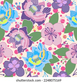 Purple buds with small flowers seamless vector repeat pattern. Purple and blue flowers with pollen style and leaves with polka dots seamless pattern design. Flowers purple colored surface pattern.