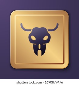 Purple Buffalo skull icon isolated on purple background. Gold square button. Vector Illustration