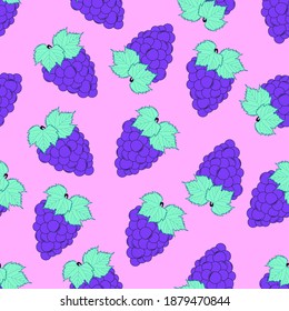 Purple bunches of grapes seamless pattern. Large berries on a trending background. Bright design for textiles, packaging, fabric, web design. Vector illustration of fruit.