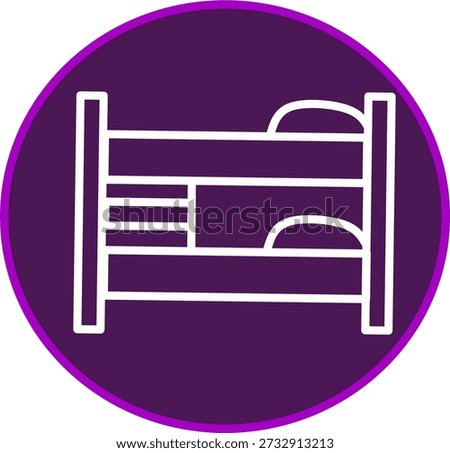 Purple bunk bed icon in a circular badge, representing hostel accommodation, shared sleeping space, bedroom furniture, lodging, and travel concepts.
