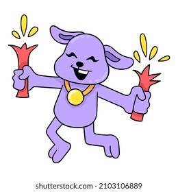 purple bunny celebrating new year holding fireworks, vector illustration art. doodle icon image kawaii.
