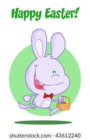 Purple bunny running with easter eggs in a basket