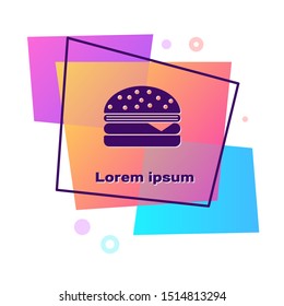 Purple Burger icon isolated on white background. Hamburger icon. Cheeseburger sandwich sign. Color rectangle button. Vector Illustration