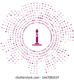 Purple Burning candle in candlestick icon isolated on white background. Cylindrical candle stick with burning flame. Abstract circle random dots. Vector Illustration