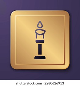 Purple Burning candle icon isolated on purple background. Cylindrical aromatic candle stick with burning flame. Happy Halloween party. Gold square button. Vector
